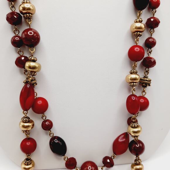 Chico’s Red Glass Beaded Necklace 38” Two Strand Gold Tone Accents Statement - Picture 2 of 11